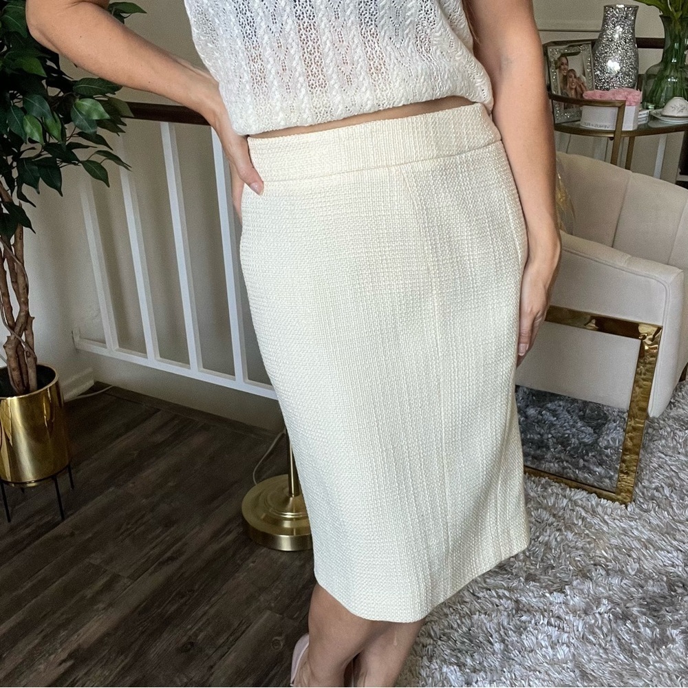 Rena Lange Vintage Knee Length Cream Tweed Wool Slit Lined Pencil Skirt 16